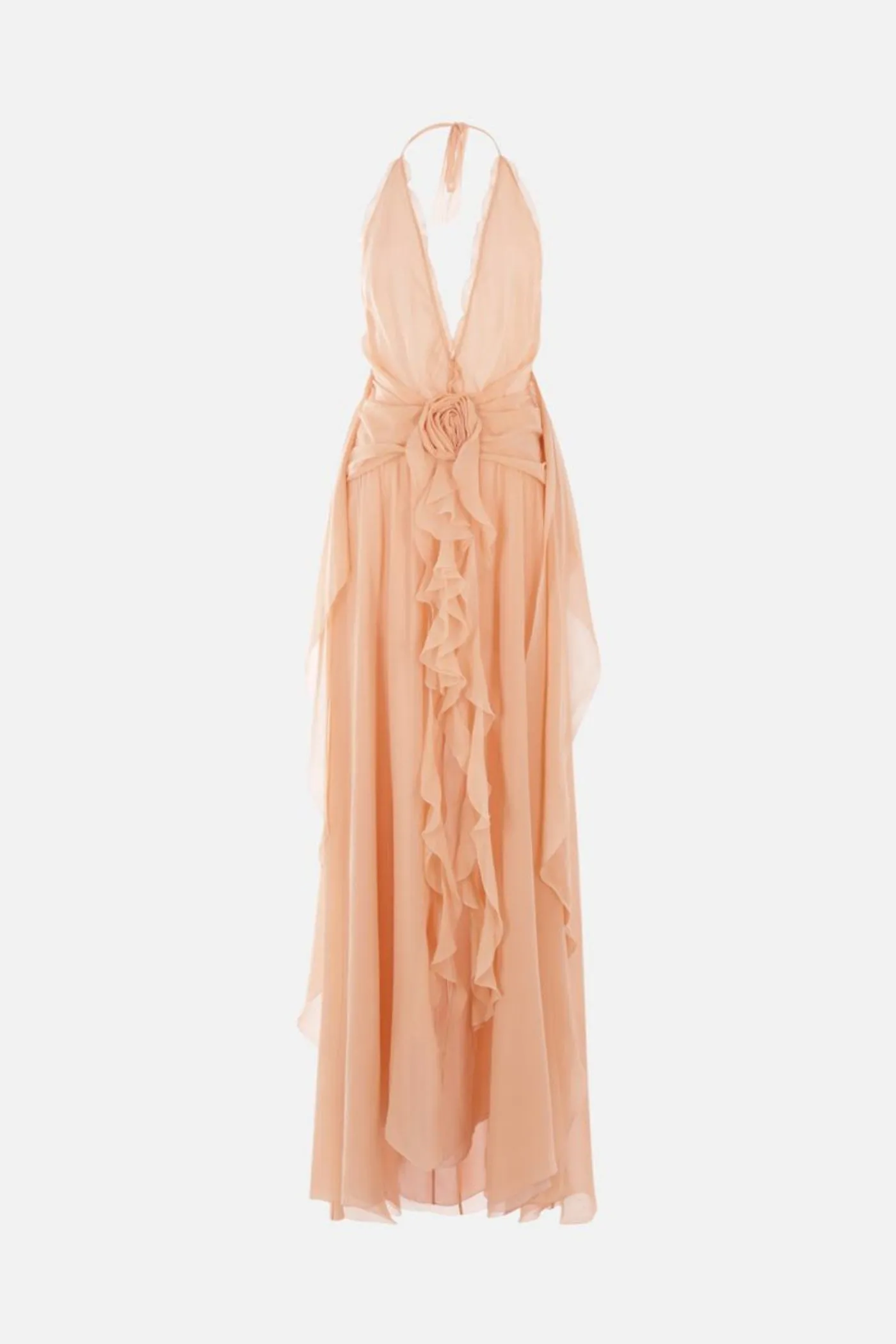 Aonaver Floral Ruffle Halter Maxi Dress in Pink Gloria Lanvin