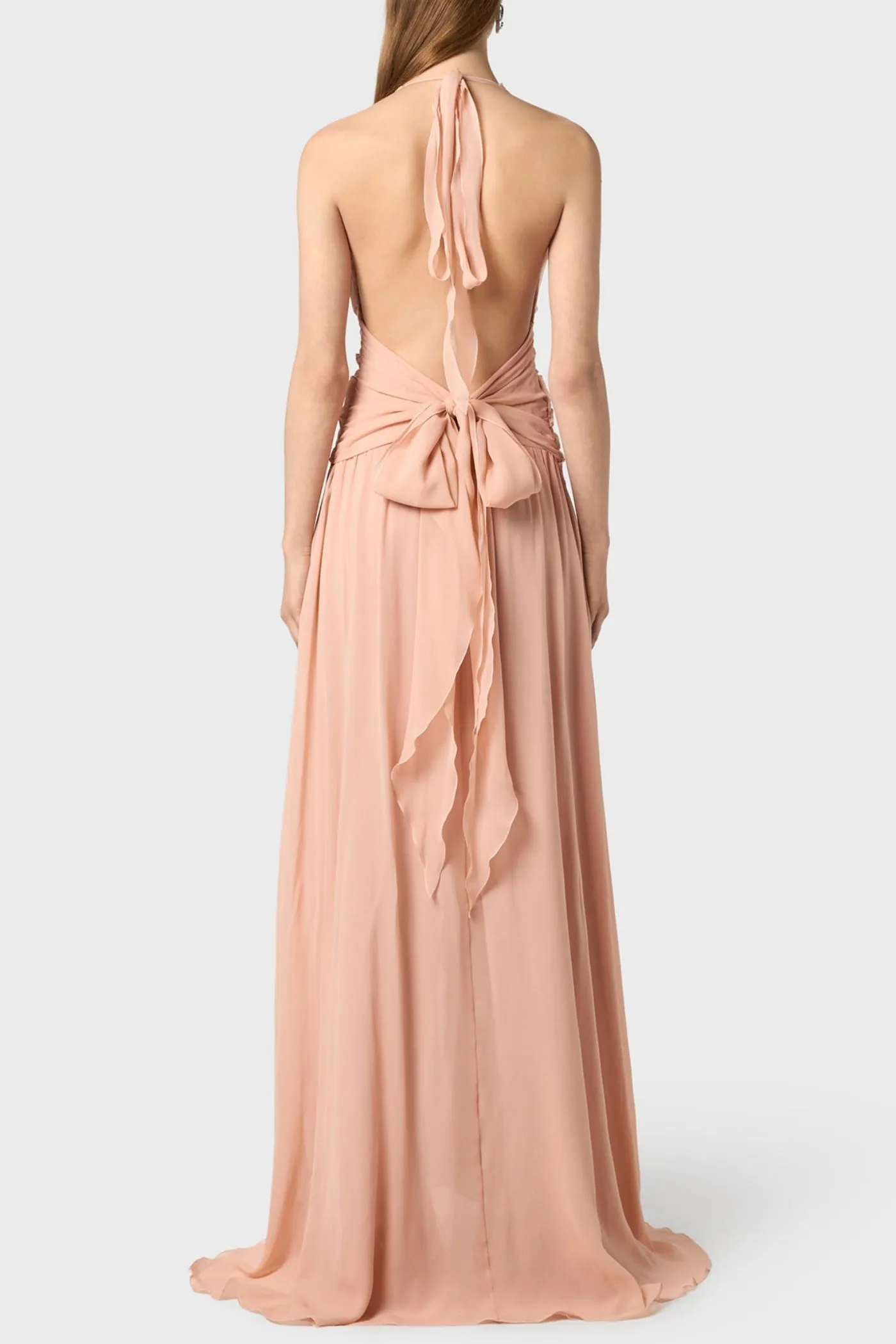 Aonaver Floral Ruffle Halter Maxi Dress in Pink Gloria Lanvin