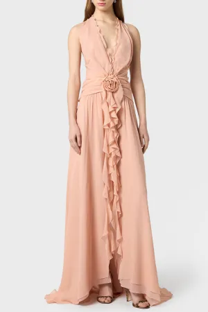 Aonaver Floral Ruffle Halter Maxi Dress in Pink Gloria Lanvin