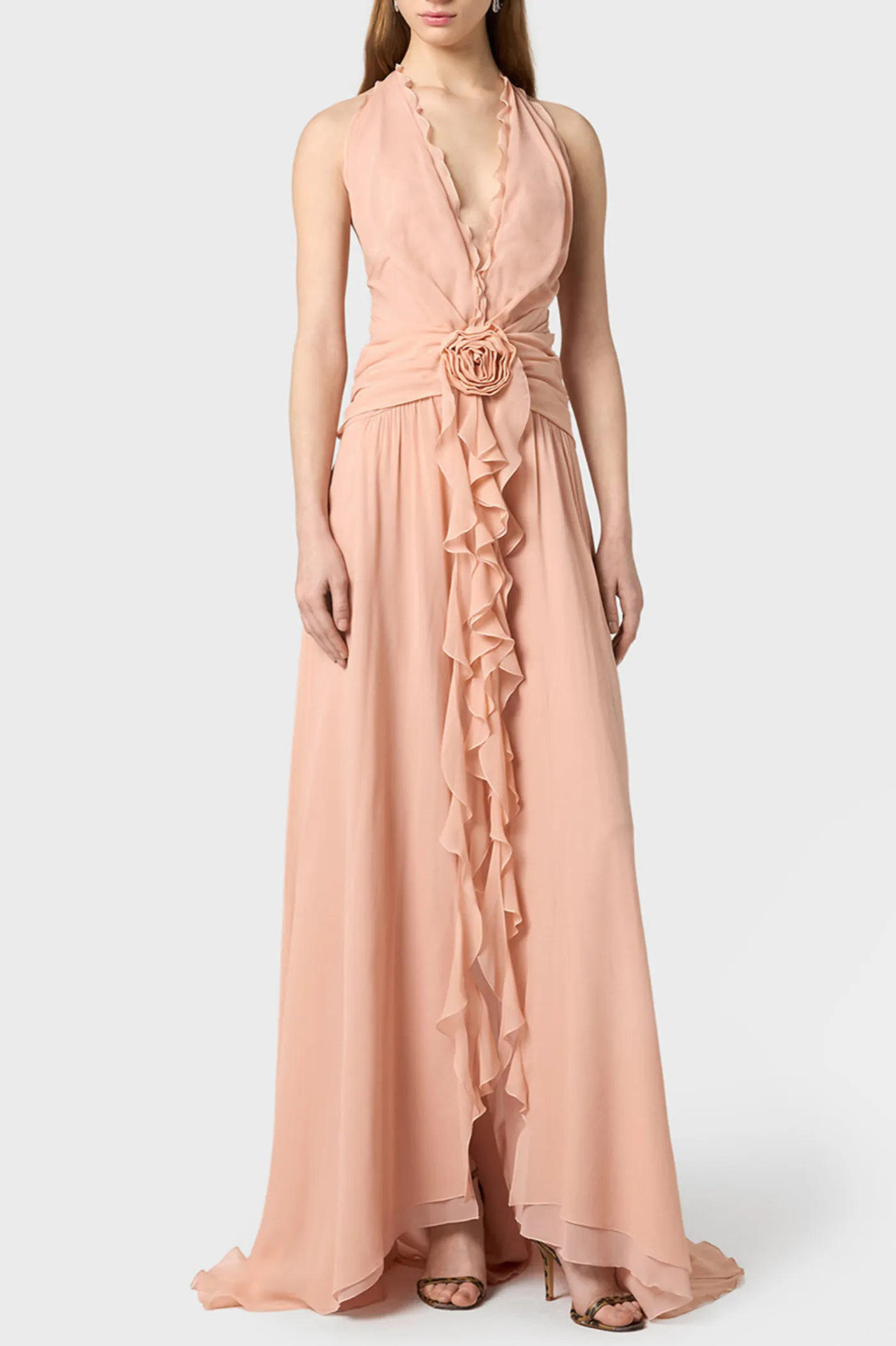Aonaver Floral Ruffle Halter Maxi Dress in Pink Gloria Lanvin