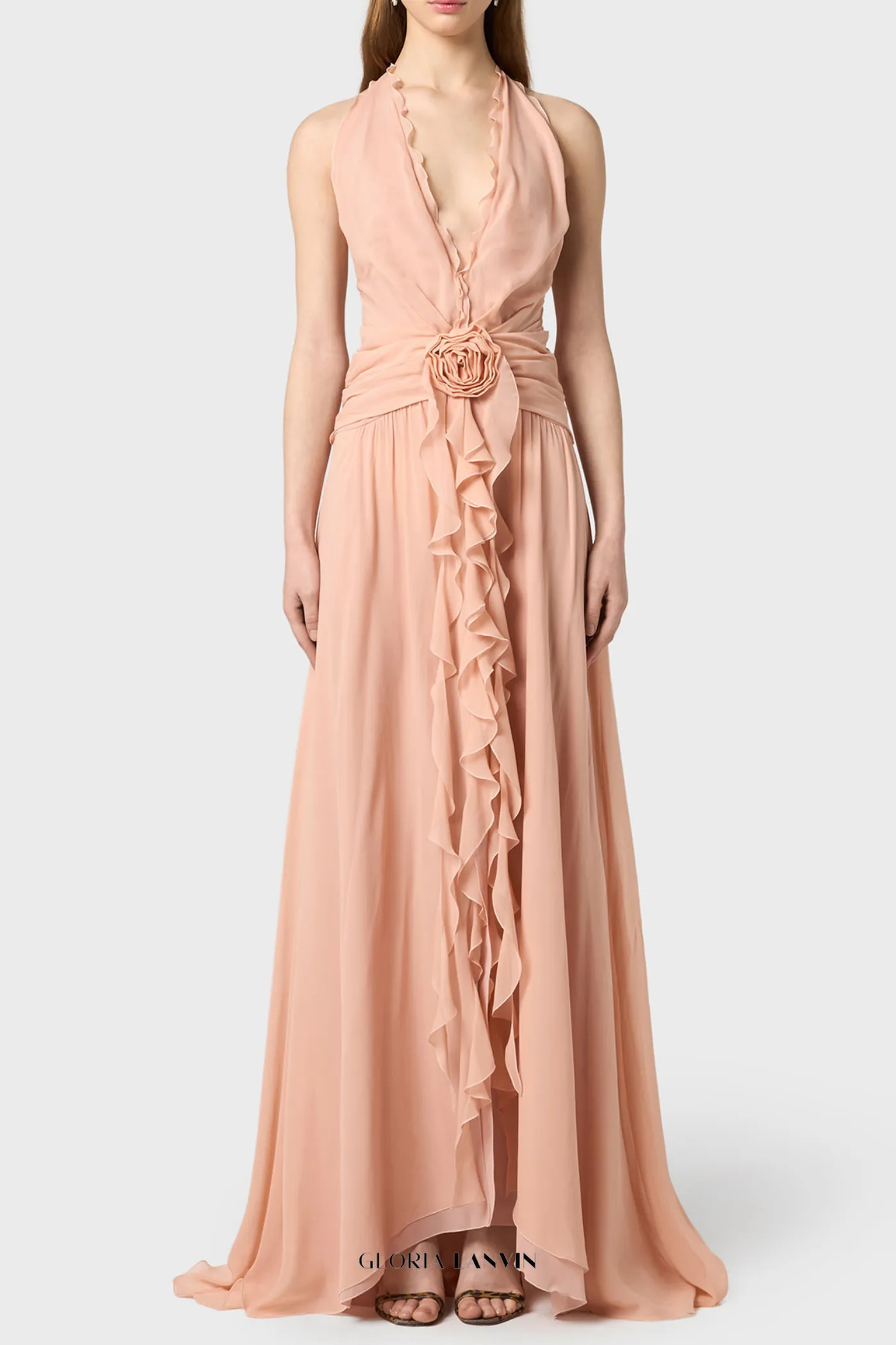 Aonaver Floral Ruffle Halter Maxi Dress in Pink Gloria Lanvin