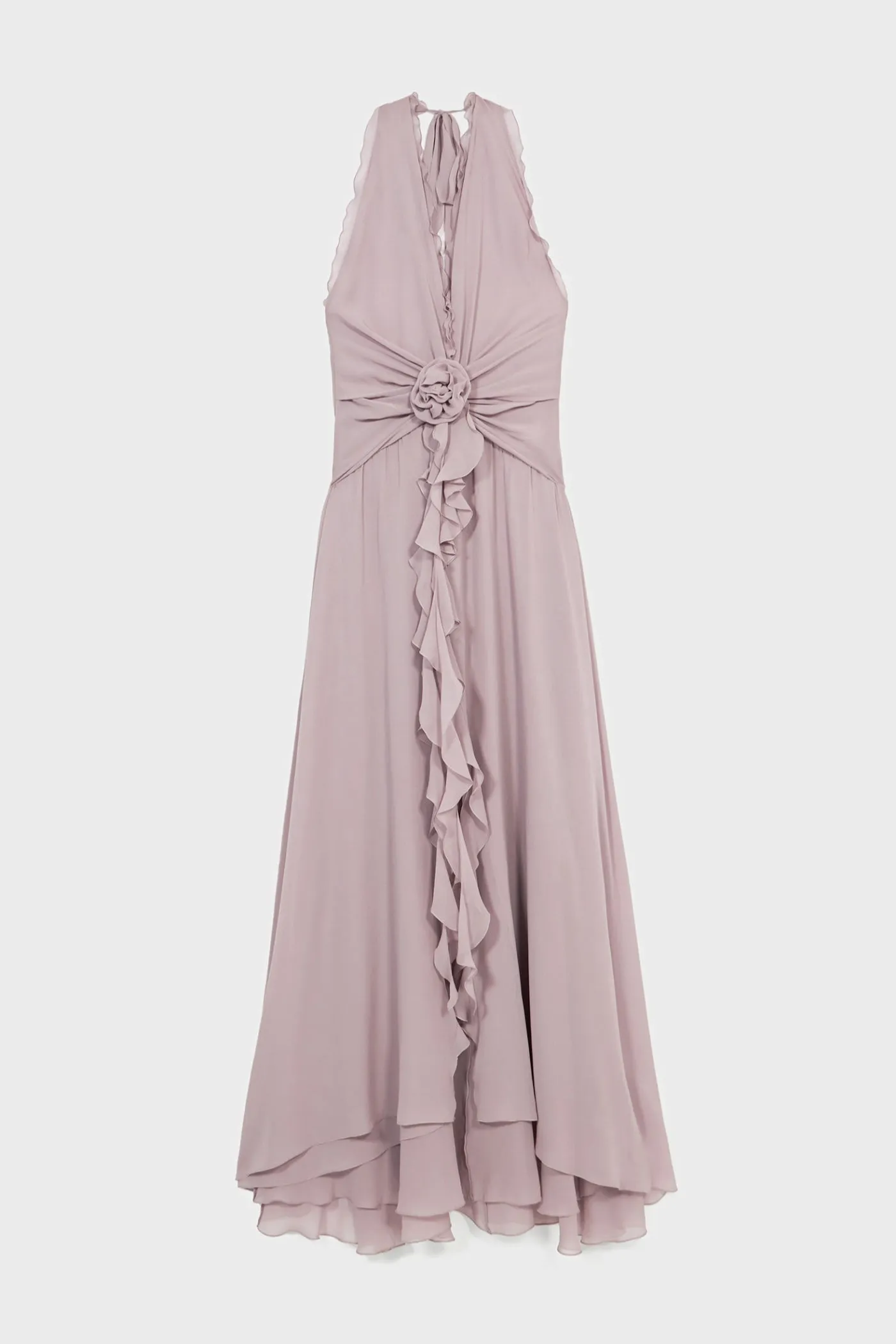 Aonaver Floral Ruffle Halter Maxi Dress in Purple Gloria Lanvin