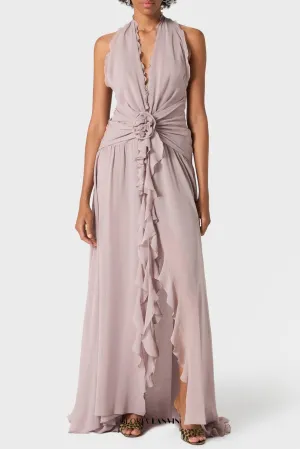 Aonaver Floral Ruffle Halter Maxi Dress in Purple Gloria Lanvin