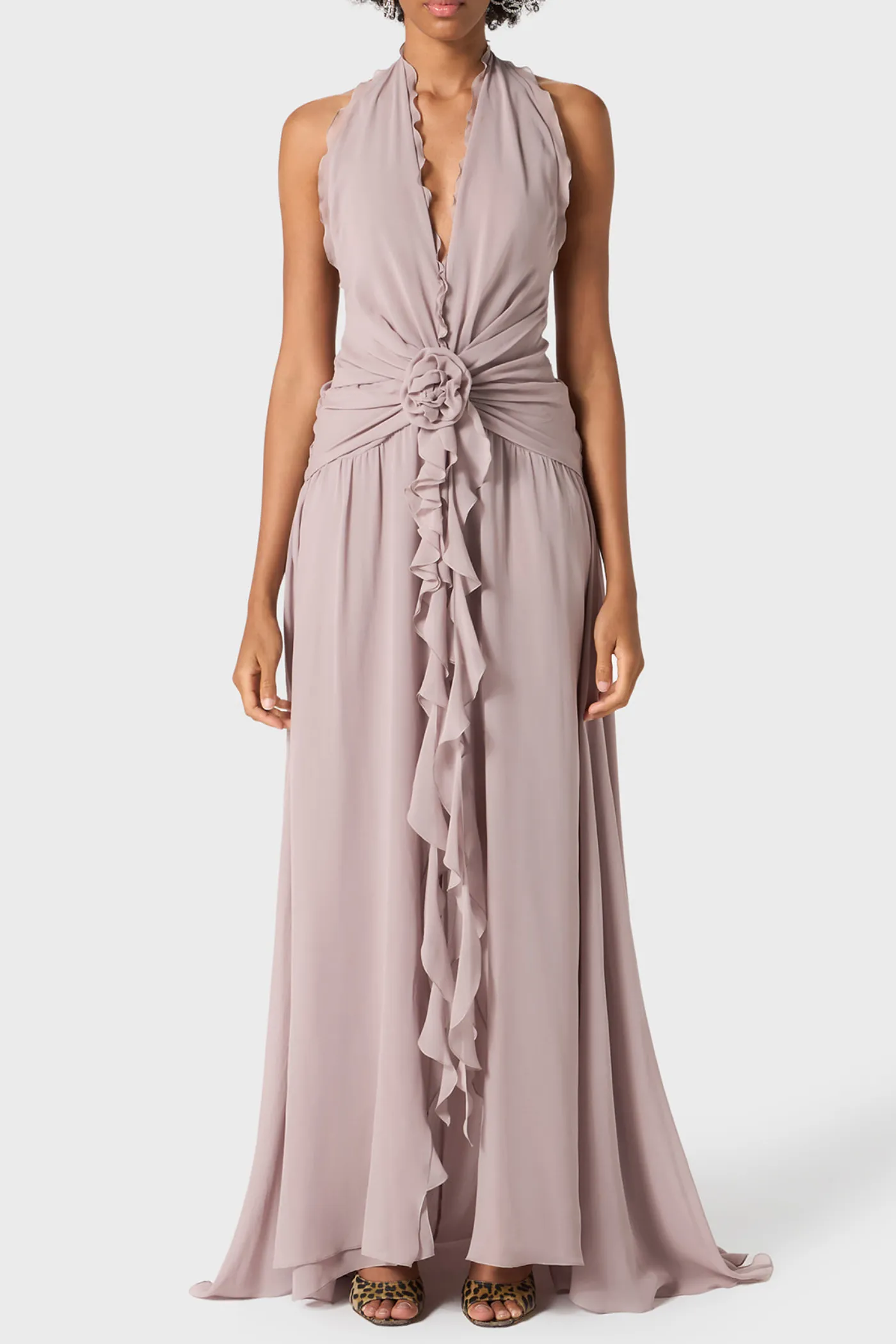 Aonaver Floral Ruffle Halter Maxi Dress in Purple Gloria Lanvin