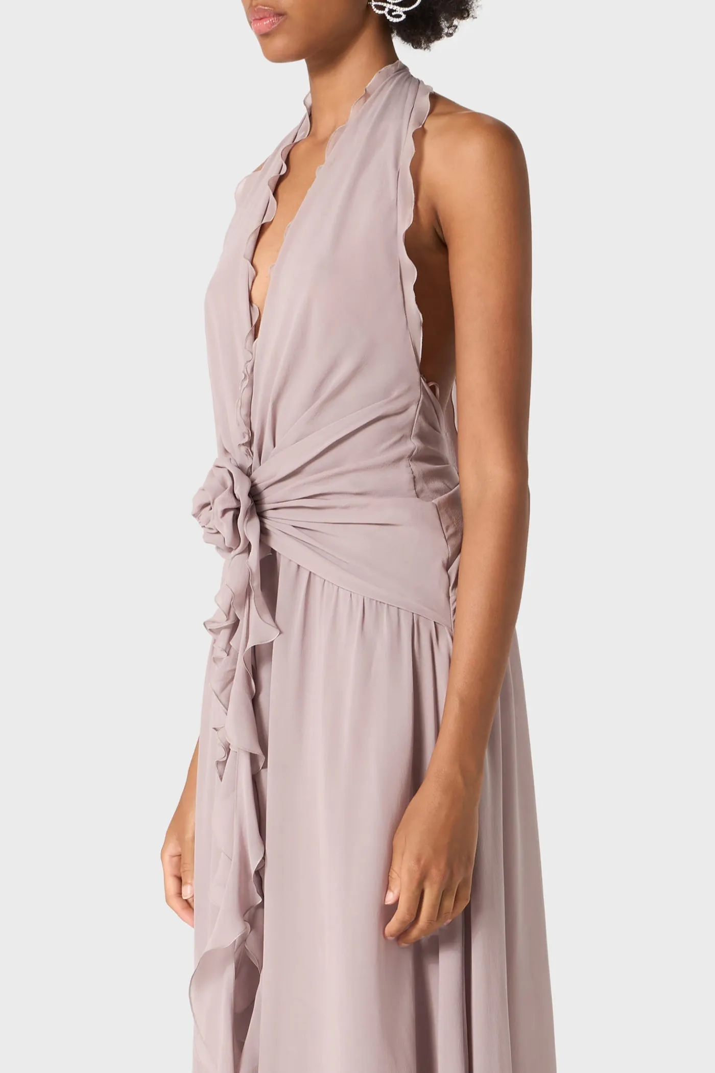 Aonaver Floral Ruffle Halter Maxi Dress in Purple Gloria Lanvin
