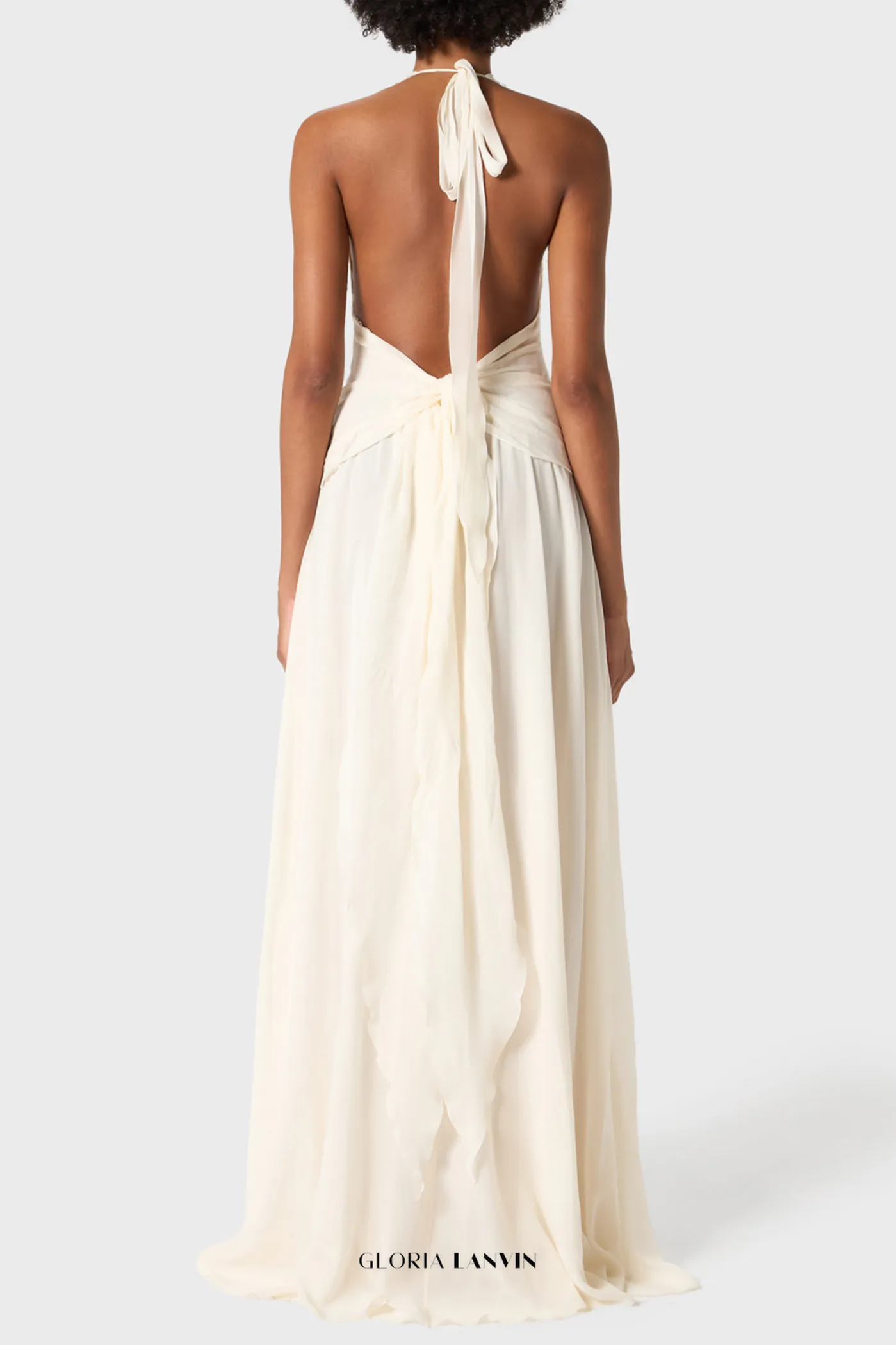 Aonaver Floral Ruffle Halter Maxi Dress in White Gloria Lanvin