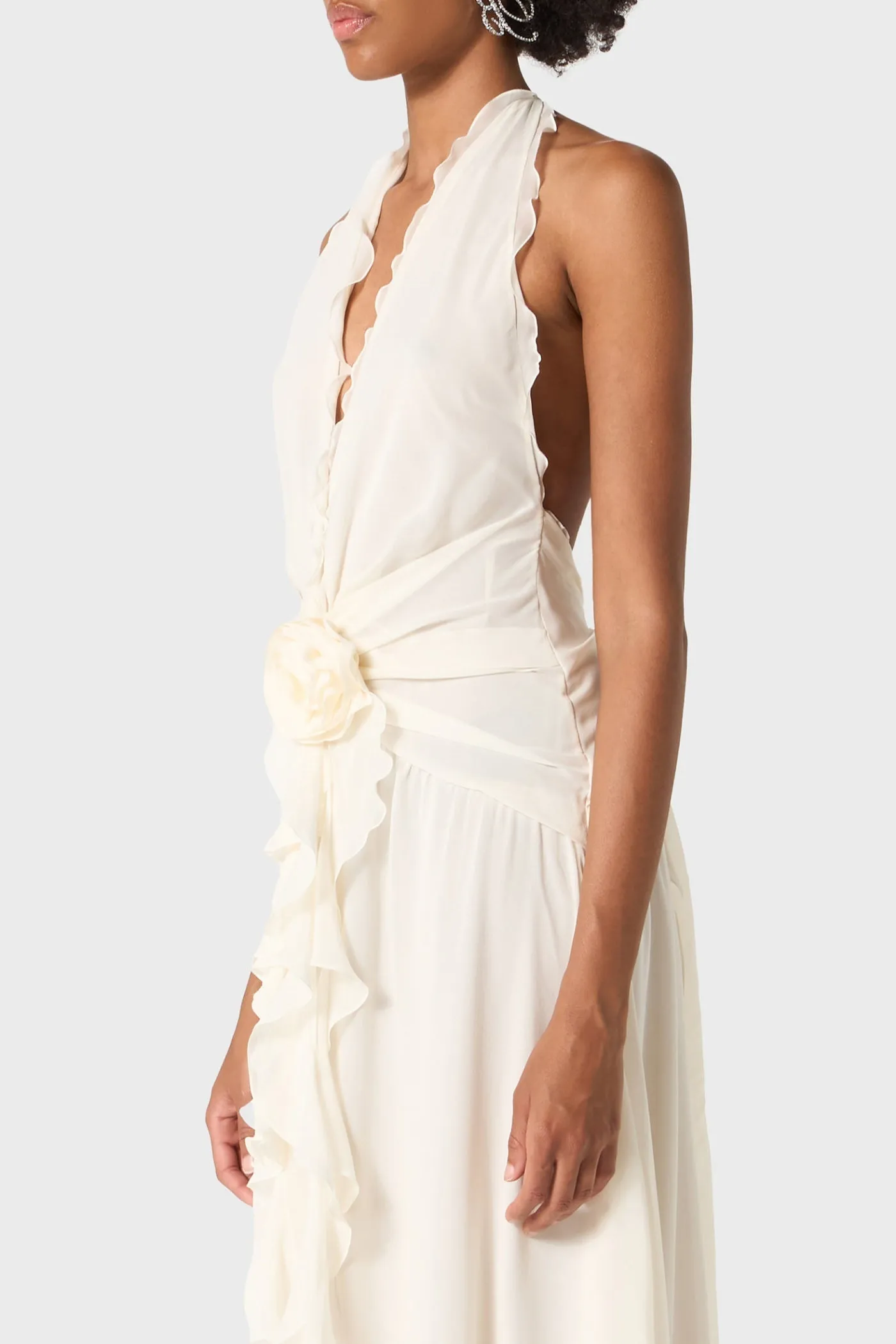 Aonaver Floral Ruffle Halter Maxi Dress in White Gloria Lanvin