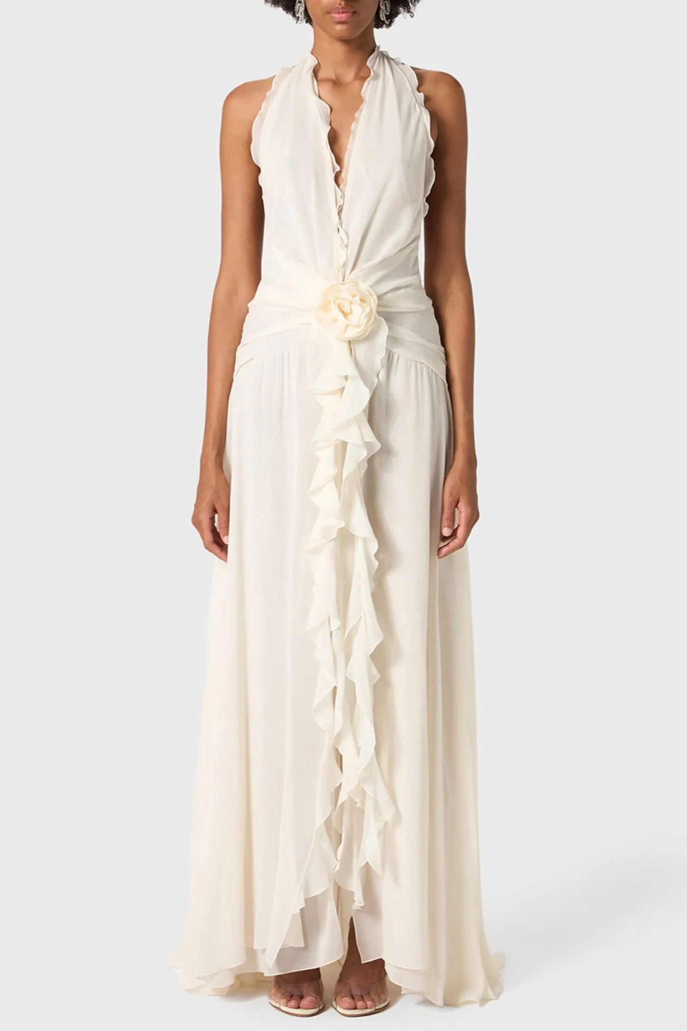 Aonaver Floral Ruffle Halter Maxi Dress in White Gloria Lanvin