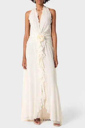 Aonaver Floral Ruffle Halter Maxi Dress in White Gloria Lanvin