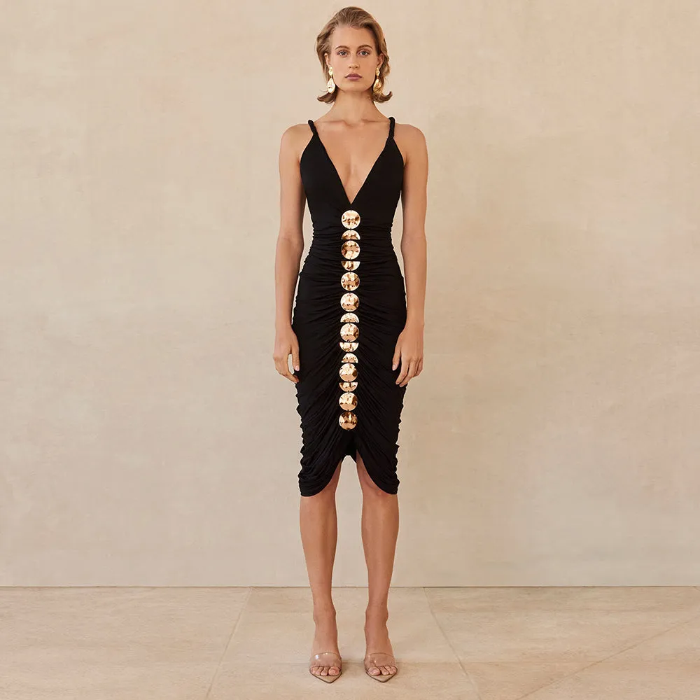 APPHIA METALLIC SEQUIN-EMBELLISHED PLEATED MIDI DRESS IN BLACK Gloria Lanvin