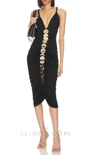 APPHIA METALLIC SEQUIN-EMBELLISHED PLEATED MIDI DRESS IN BLACK Gloria Lanvin