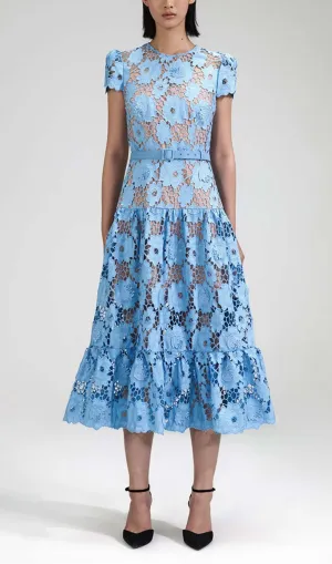 APPLIQUD FLORAL LACE MIDI DRESS IN BLUE Gloria Lanvin