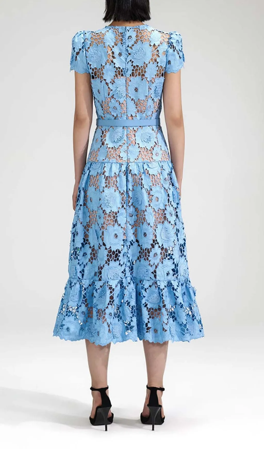 APPLIQUD FLORAL LACE MIDI DRESS IN BLUE Gloria Lanvin