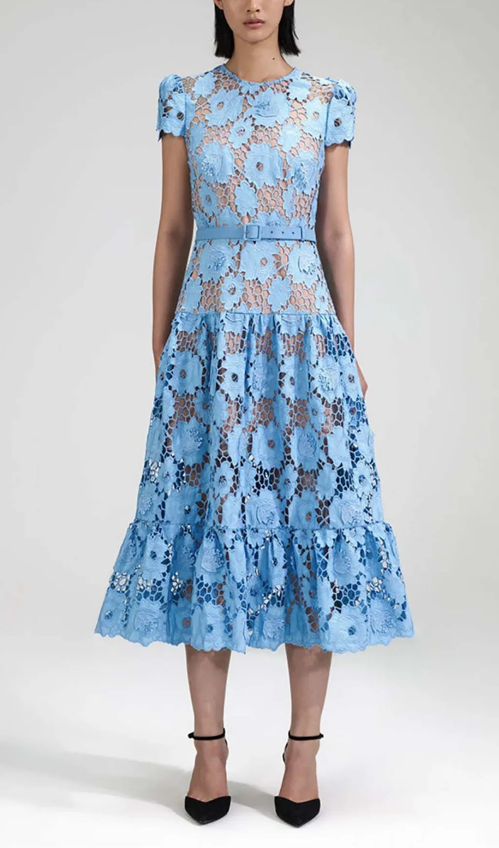 APPLIQUD FLORAL LACE MIDI DRESS IN BLUE Gloria Lanvin