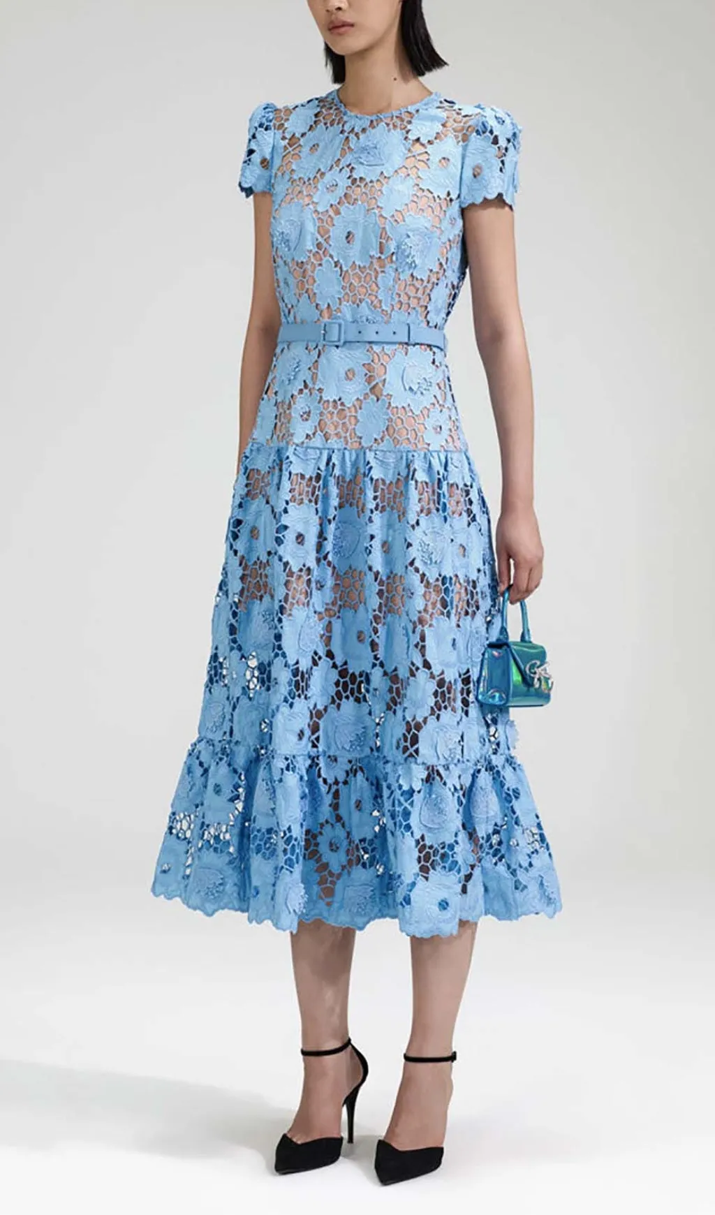 APPLIQUD FLORAL LACE MIDI DRESS IN BLUE Gloria Lanvin