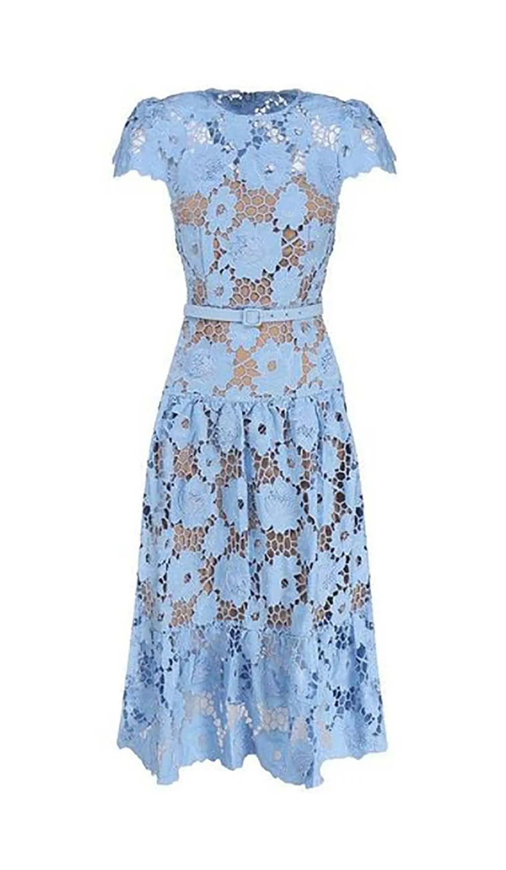 APPLIQUD FLORAL LACE MIDI DRESS IN BLUE Gloria Lanvin