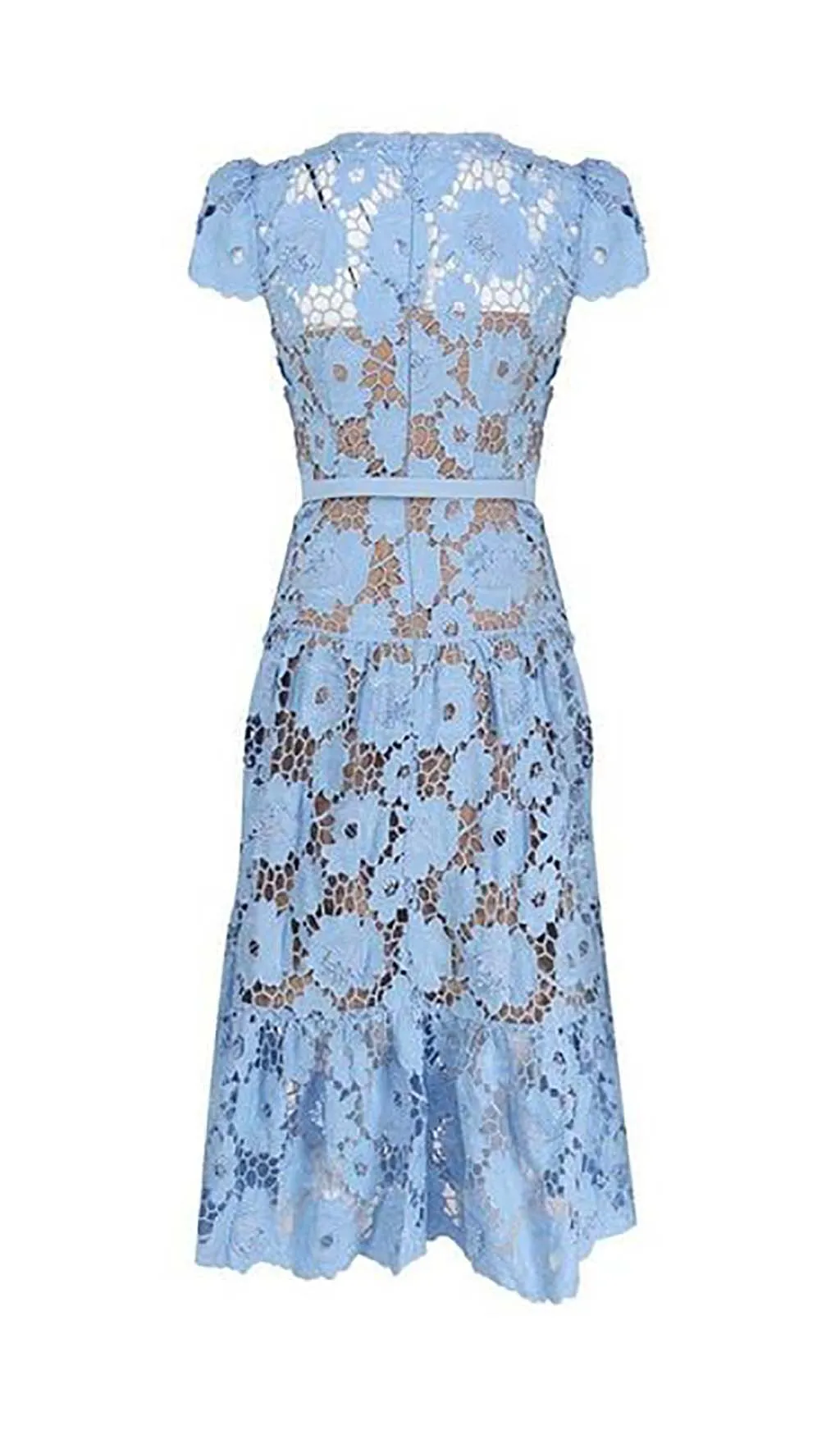 APPLIQUD FLORAL LACE MIDI DRESS IN BLUE Gloria Lanvin
