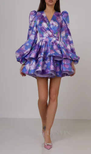 ARABELA BLUE FLORAL SATIN RUFFLE MINI DRESS Gloria Lanvin