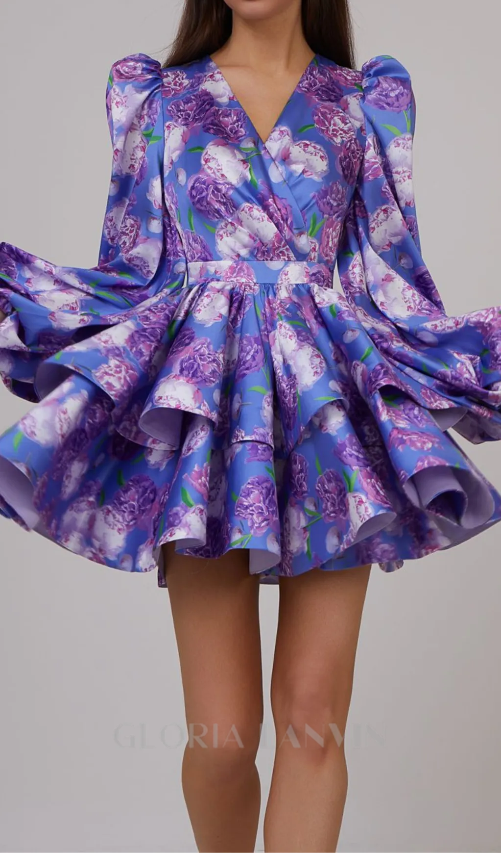 ARABELA BLUE FLORAL SATIN RUFFLE MINI DRESS Gloria Lanvin