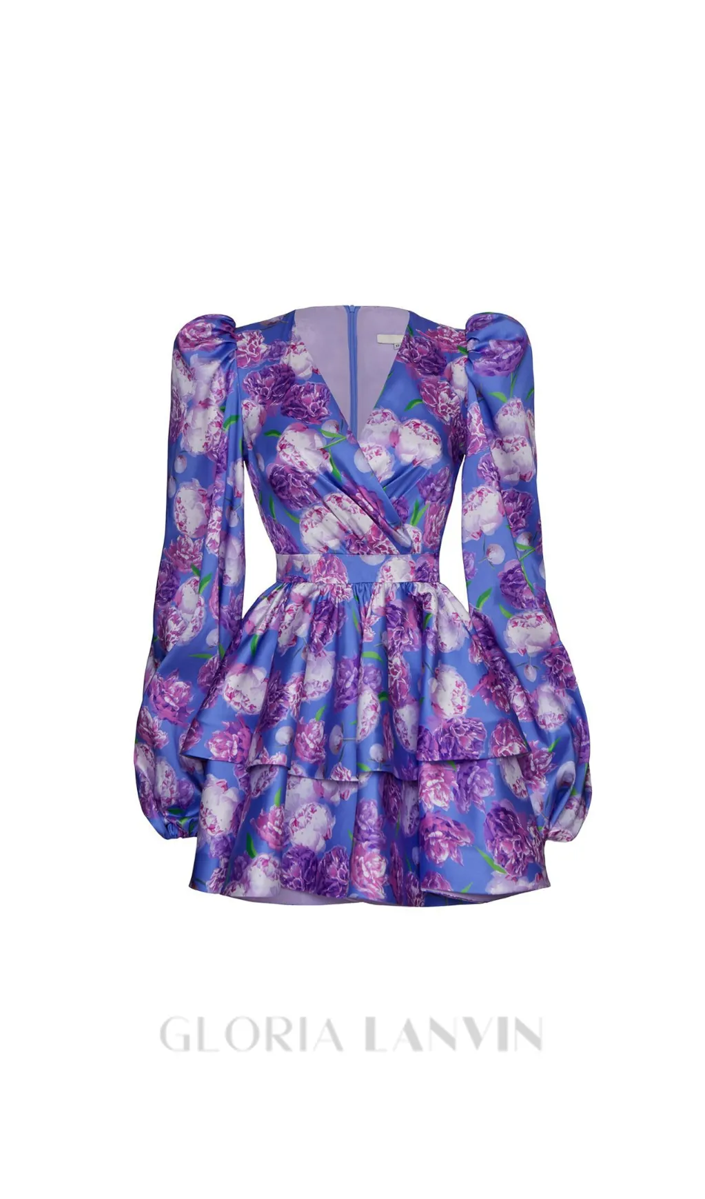 ARABELA BLUE FLORAL SATIN RUFFLE MINI DRESS Gloria Lanvin
