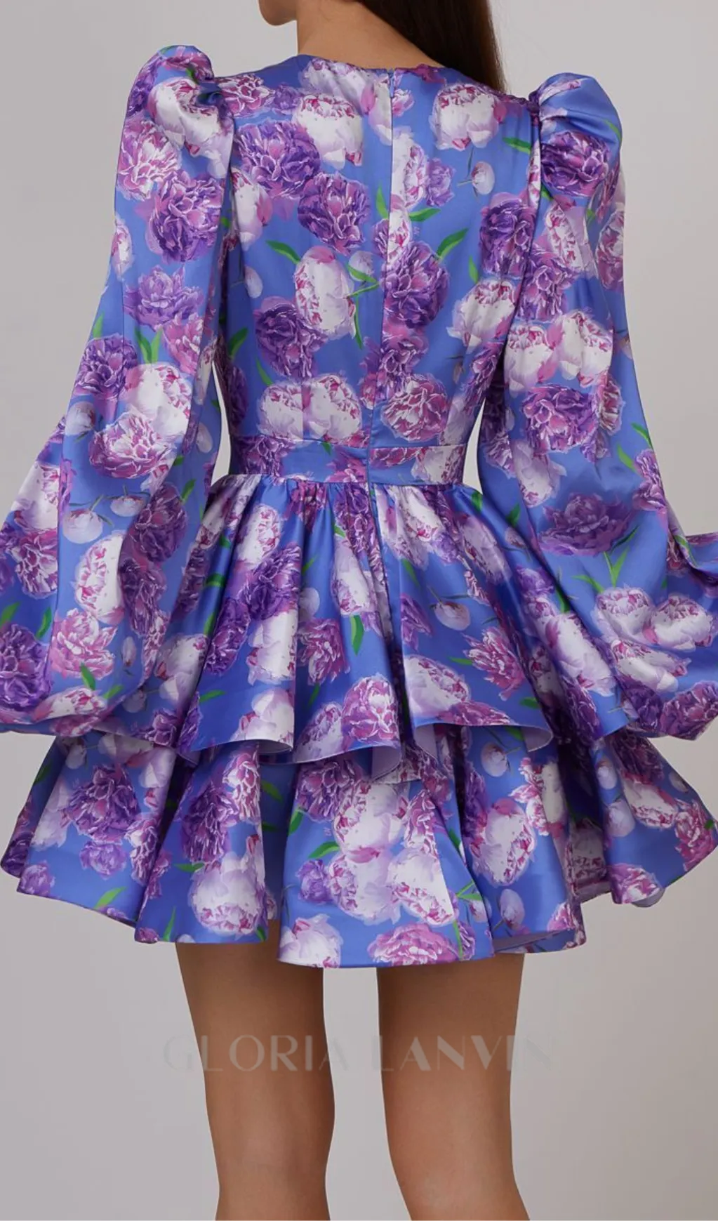ARABELA BLUE FLORAL SATIN RUFFLE MINI DRESS Gloria Lanvin