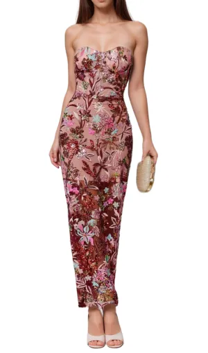 arabela CHACHI RED STRAPLESS FLOWER EMBROIDERY MAXI DRESS Gloria Lanvin
