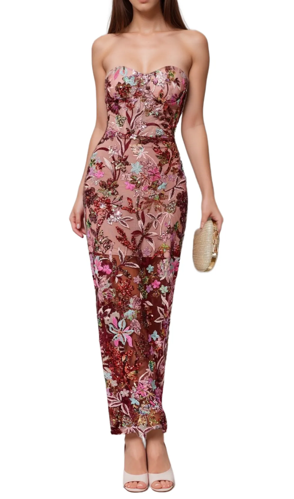 arabela CHACHI RED STRAPLESS FLOWER EMBROIDERY MAXI DRESS Gloria Lanvin