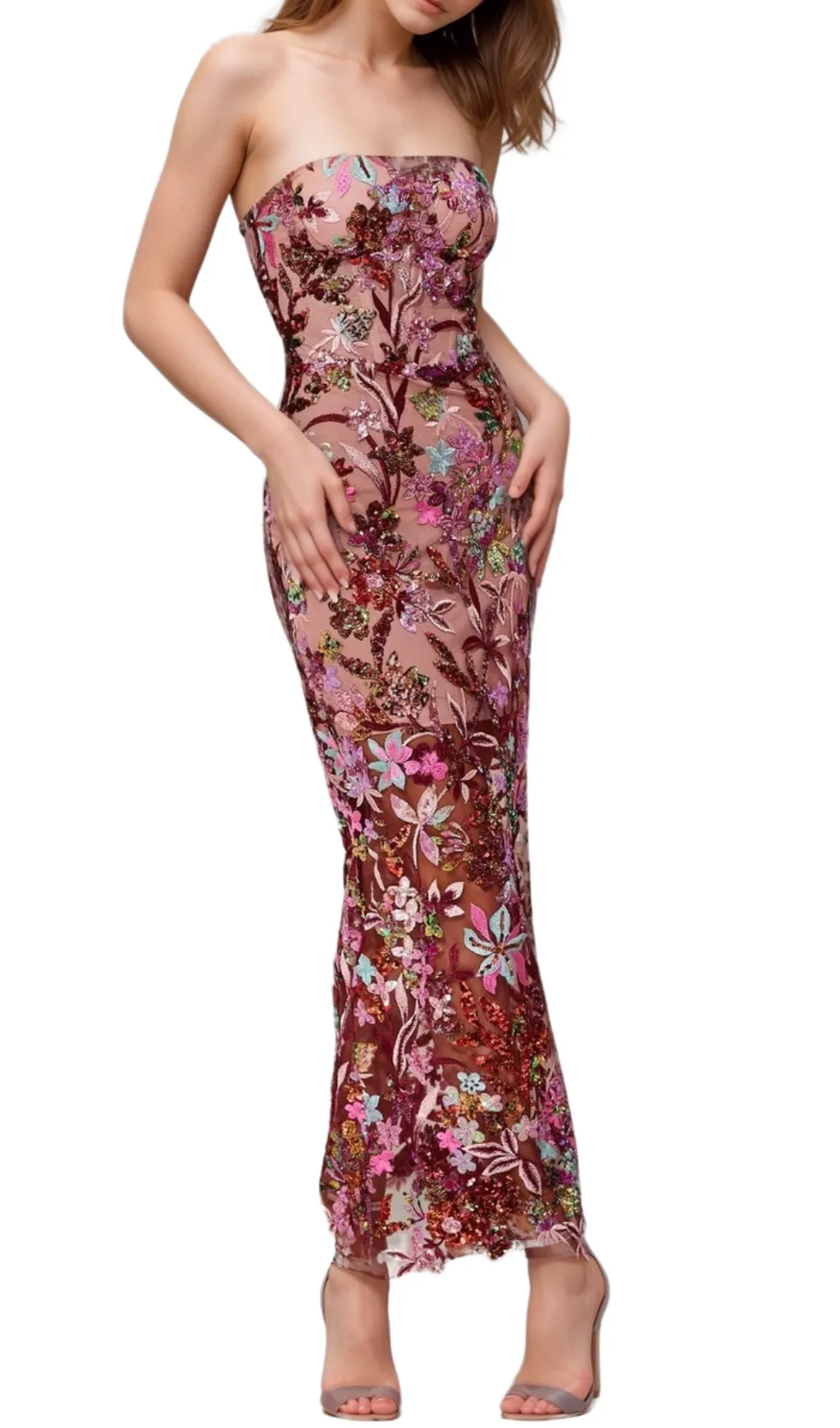 arabela CHACHI RED STRAPLESS FLOWER EMBROIDERY MAXI DRESS Gloria Lanvin
