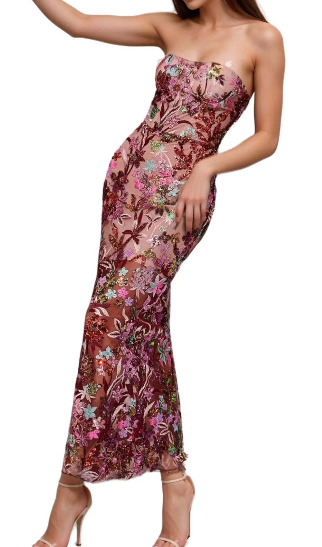 arabela CHACHI RED STRAPLESS FLOWER EMBROIDERY MAXI DRESS Gloria Lanvin
