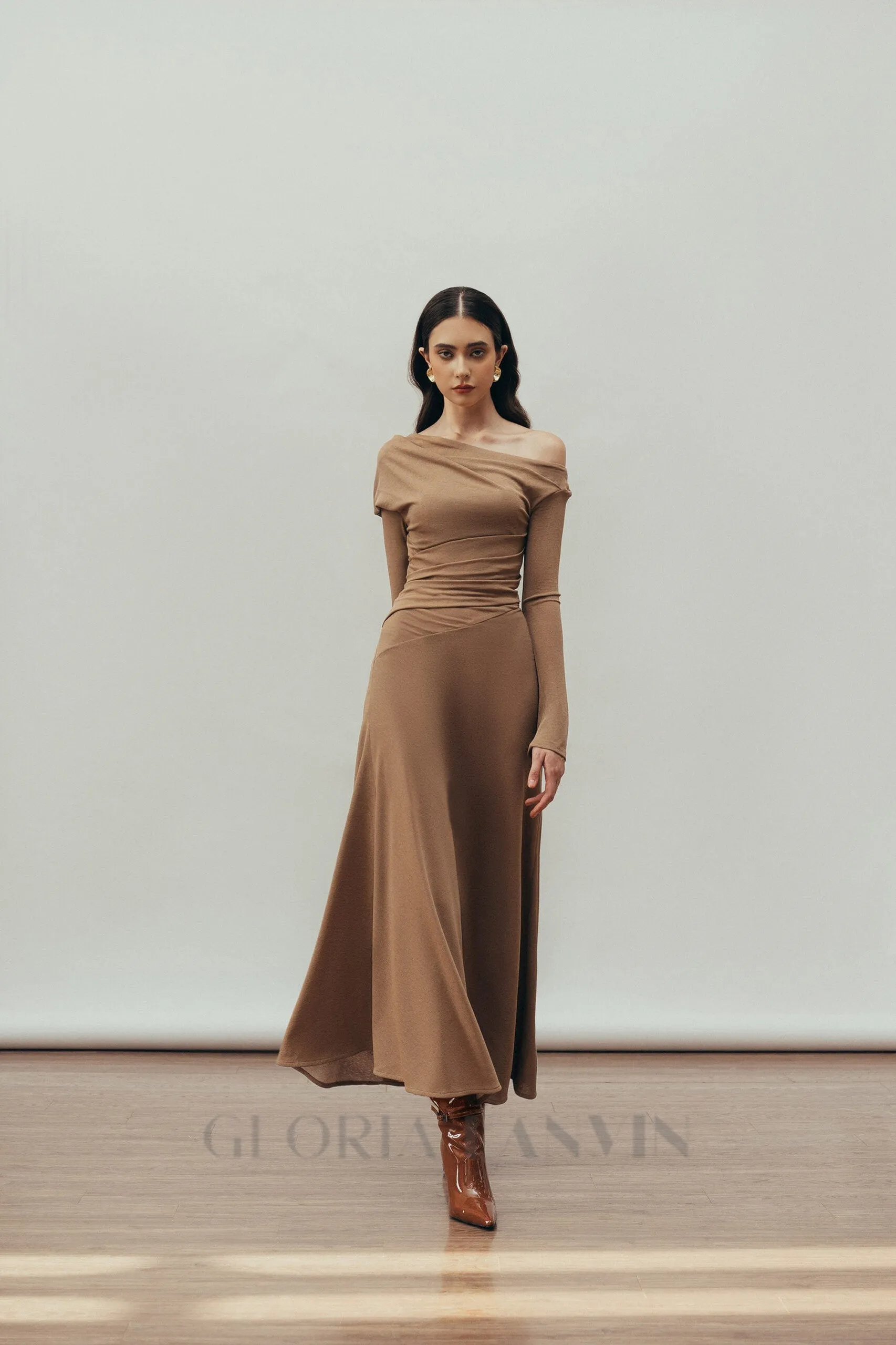 Aria Draped maxi Dress in Hazelnut Gloria Lanvin