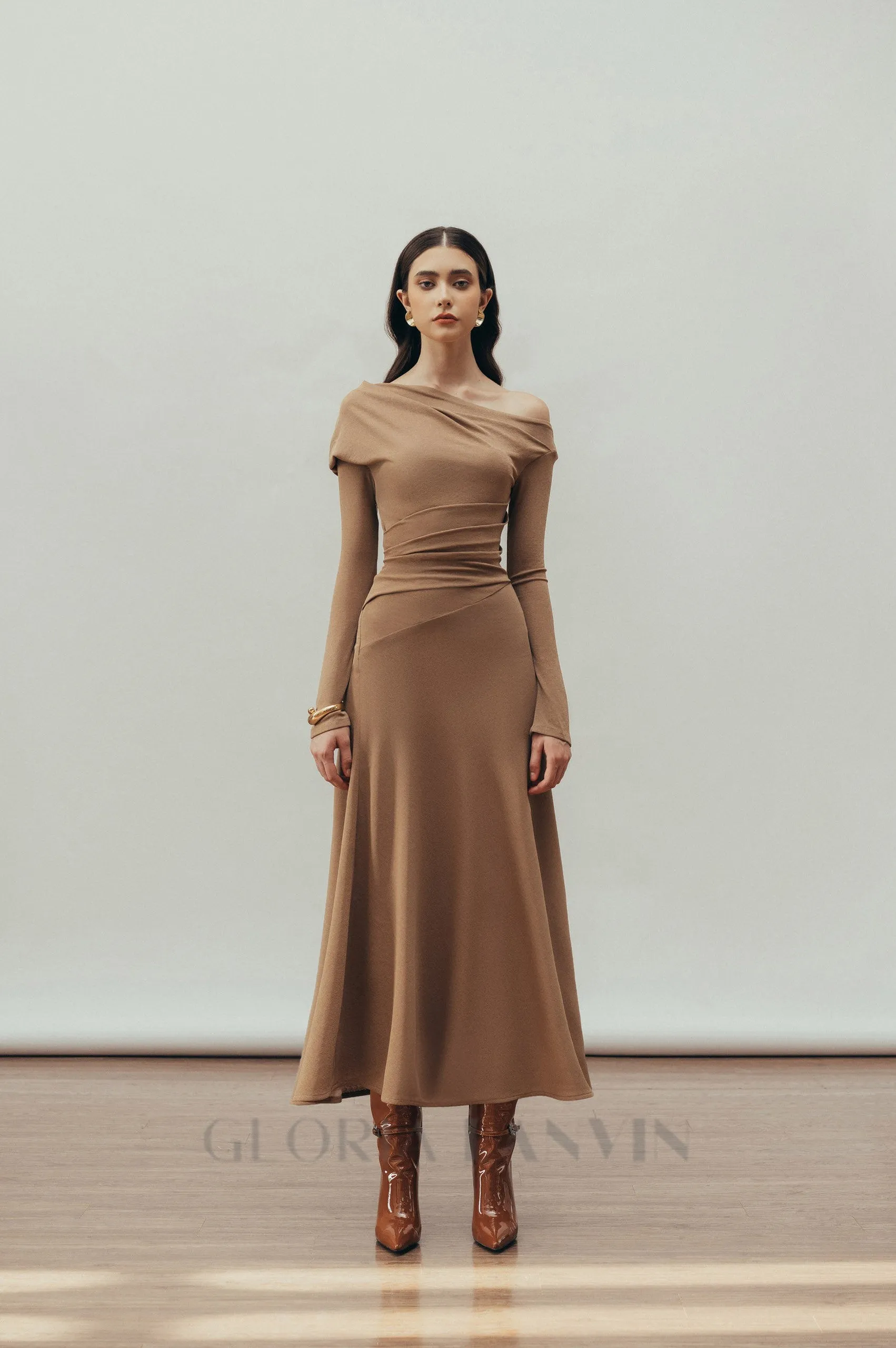 Aria Draped maxi Dress in Hazelnut Gloria Lanvin