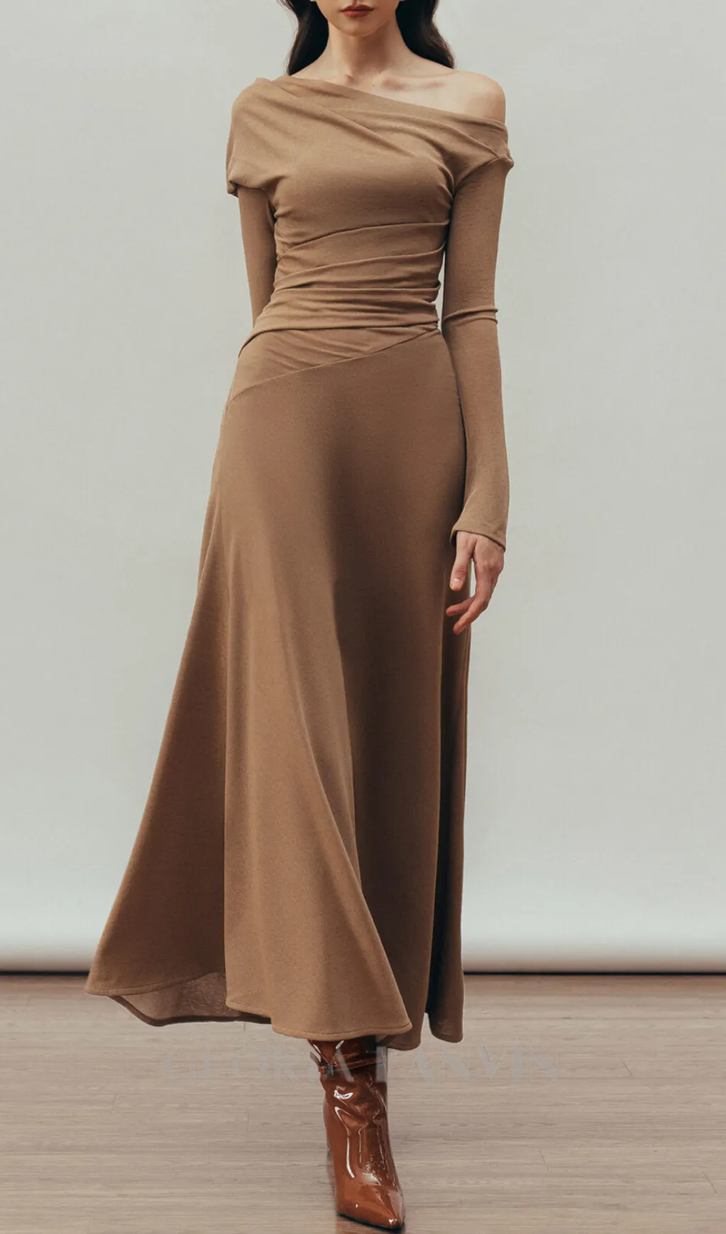 Aria Draped maxi Dress in Hazelnut Gloria Lanvin