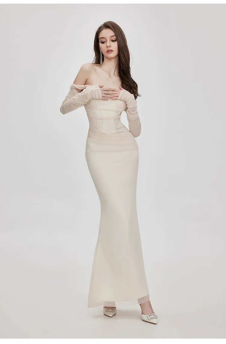 Ariel apricot Mesh Off-Shoulder Mermaid maxi Dress Gloria Lanvin