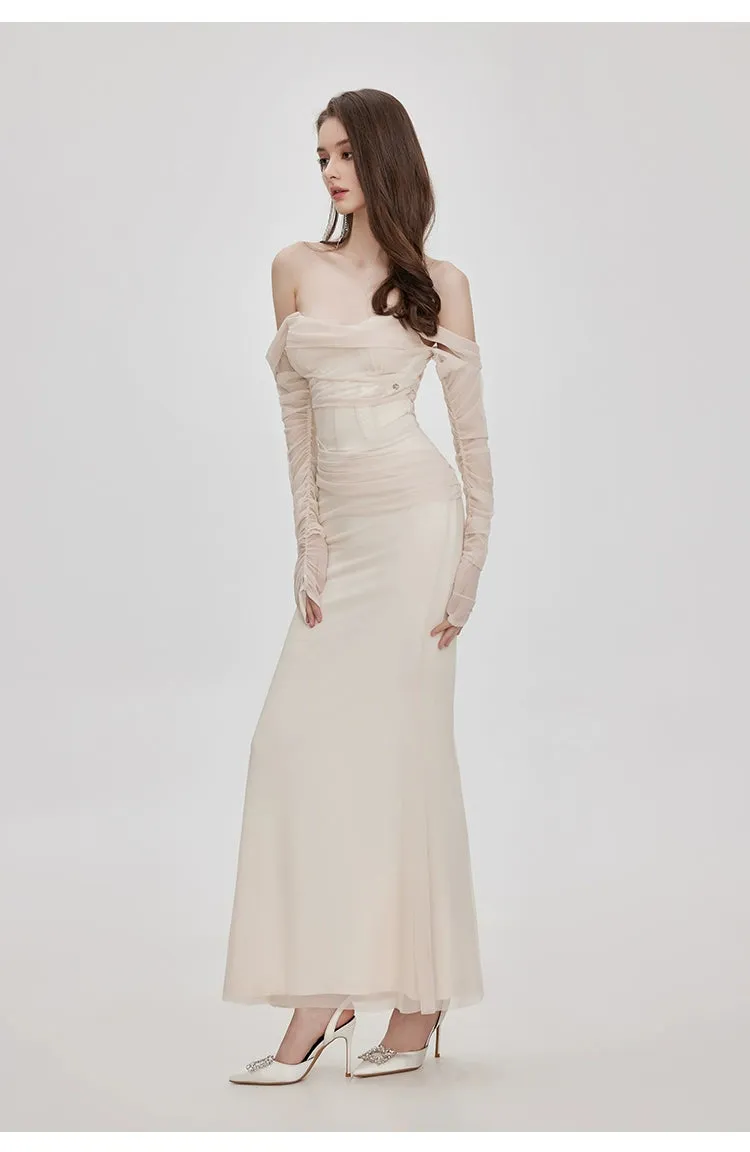 Ariel apricot Mesh Off-Shoulder Mermaid maxi Dress Gloria Lanvin