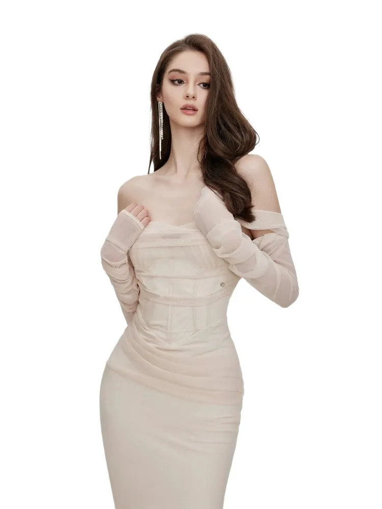 Ariel apricot Mesh Off-Shoulder Mermaid maxi Dress Gloria Lanvin