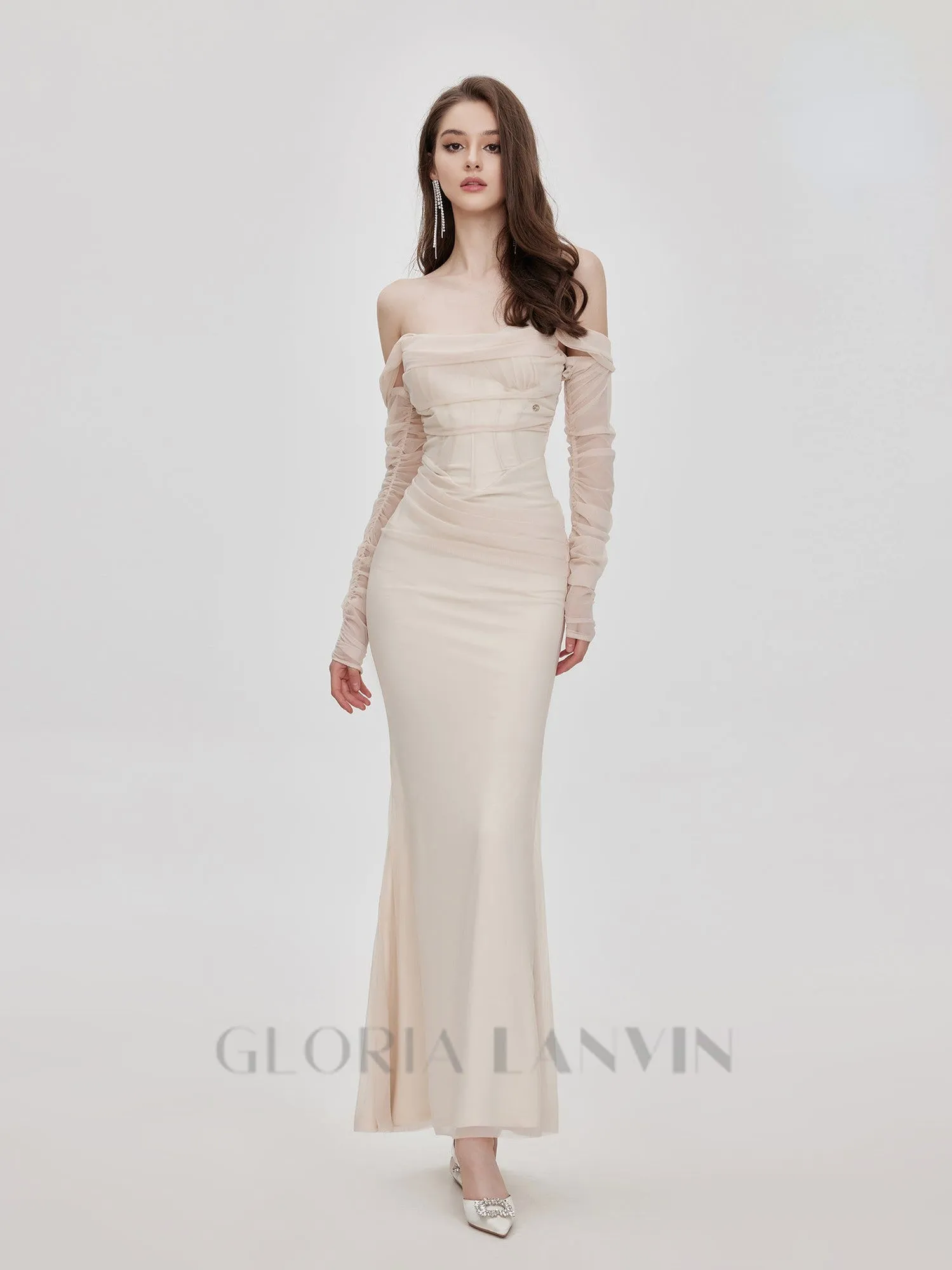 Ariel apricot Mesh Off-Shoulder Mermaid maxi Dress Gloria Lanvin