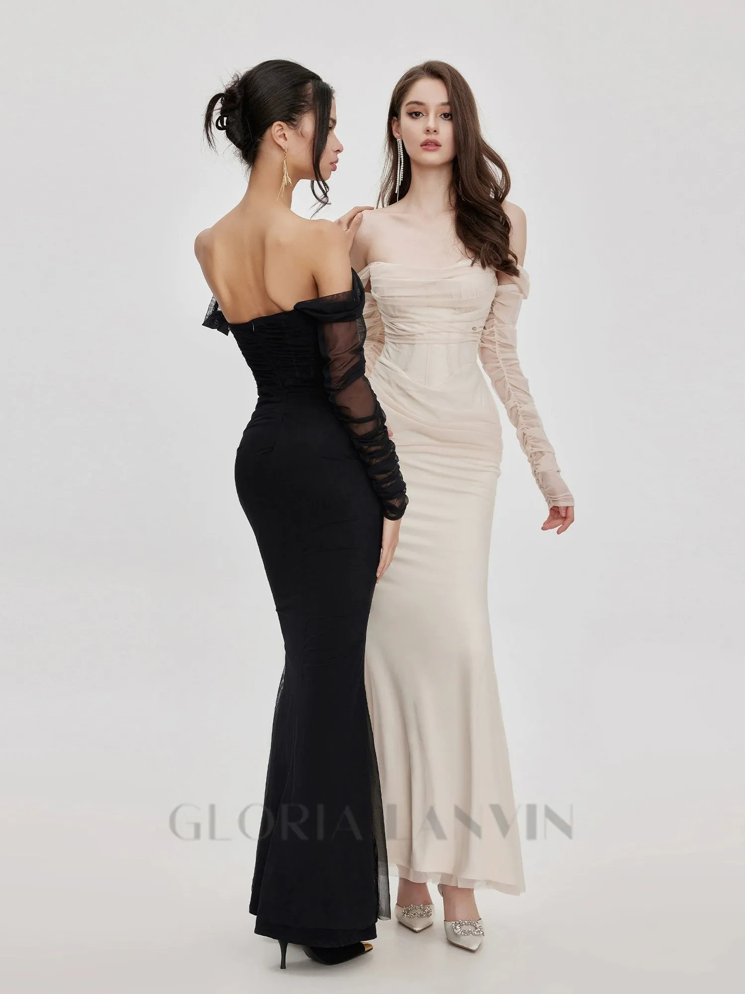 Ariel apricot Mesh Off-Shoulder Mermaid maxi Dress Gloria Lanvin