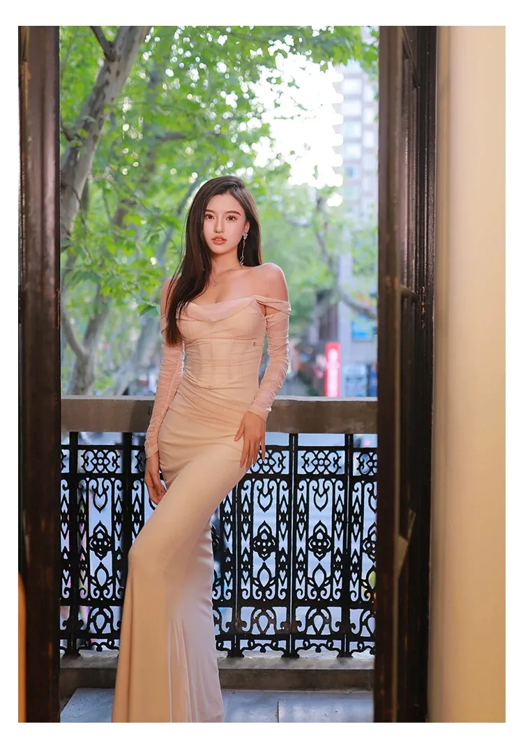 Ariel apricot Mesh Off-Shoulder Mermaid maxi Dress Gloria Lanvin