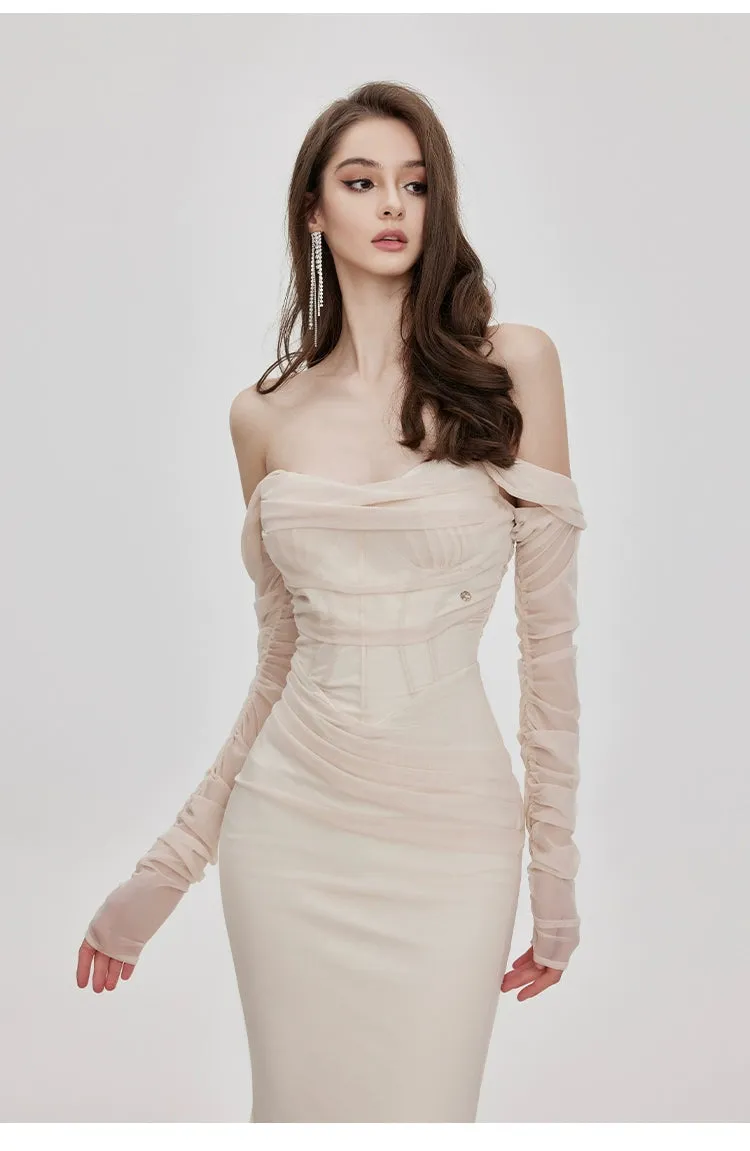 Ariel apricot Mesh Off-Shoulder Mermaid maxi Dress Gloria Lanvin