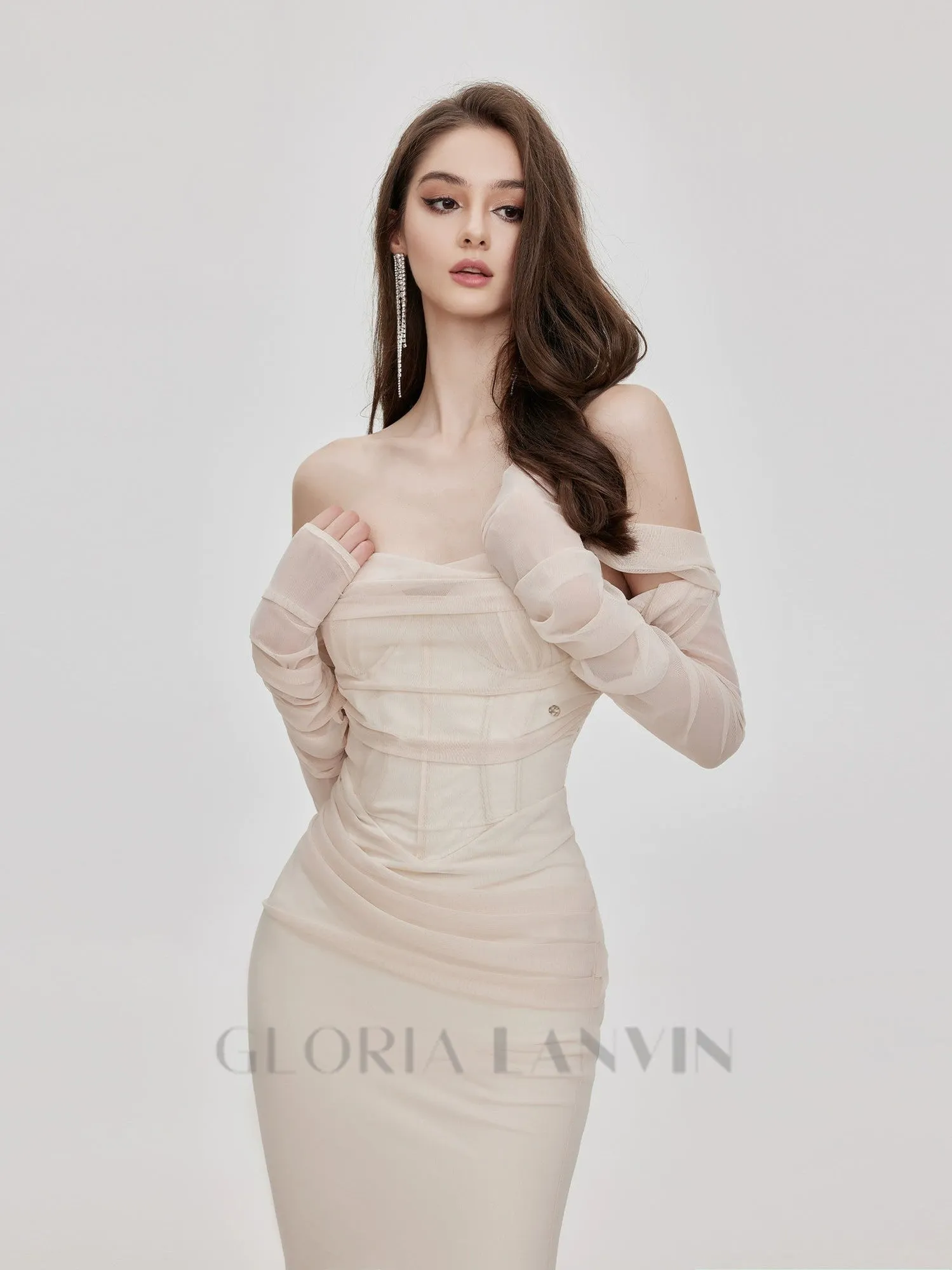 Ariel apricot Mesh Off-Shoulder Mermaid maxi Dress Gloria Lanvin