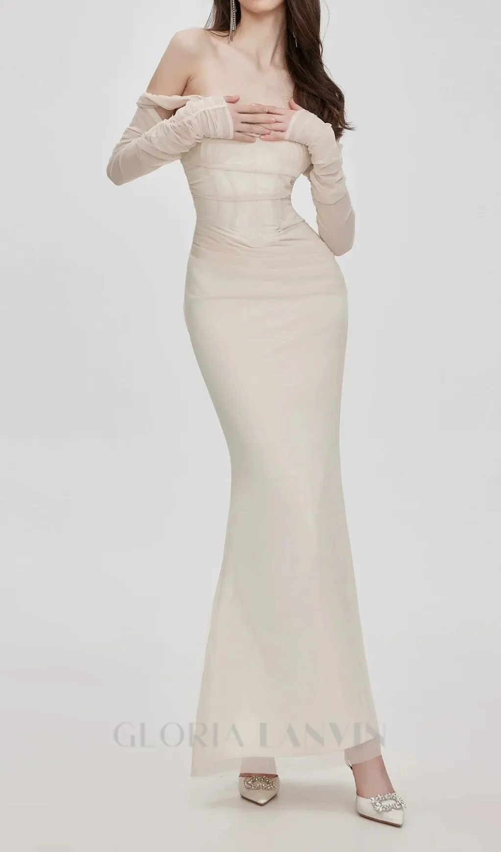 Ariel apricot Mesh Off-Shoulder Mermaid maxi Dress Gloria Lanvin