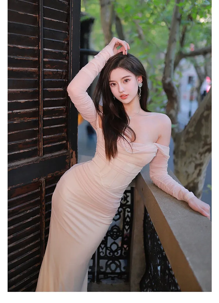Ariel apricot Mesh Off-Shoulder Mermaid maxi Dress Gloria Lanvin