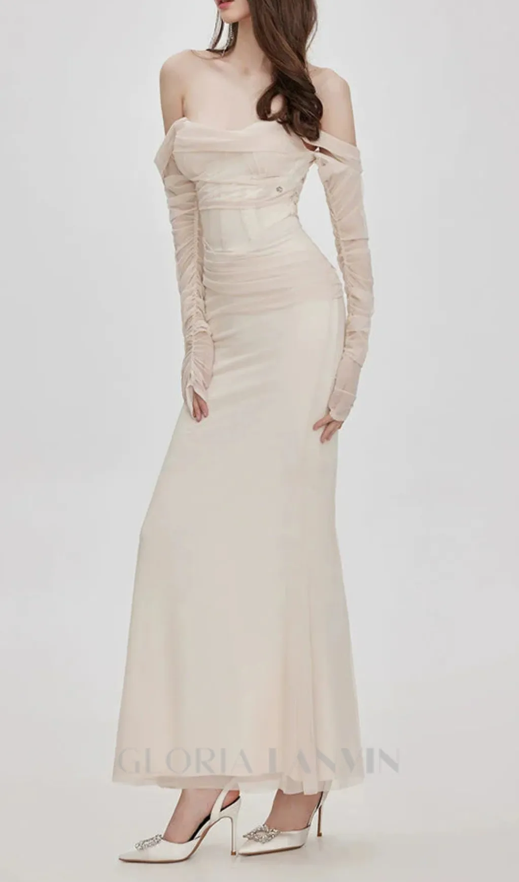 Ariel apricot Mesh Off-Shoulder Mermaid maxi Dress Gloria Lanvin