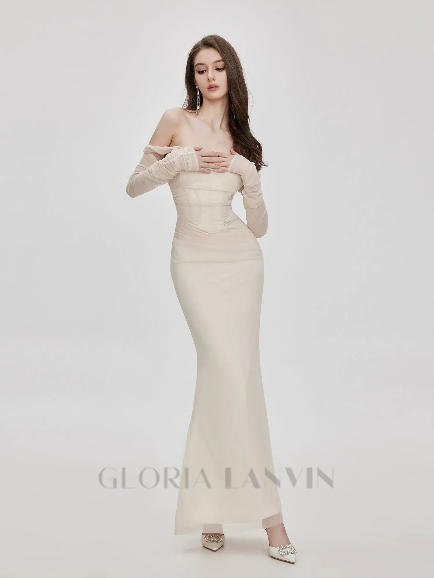 Ariel apricot Mesh Off-Shoulder Mermaid maxi Dress Gloria Lanvin