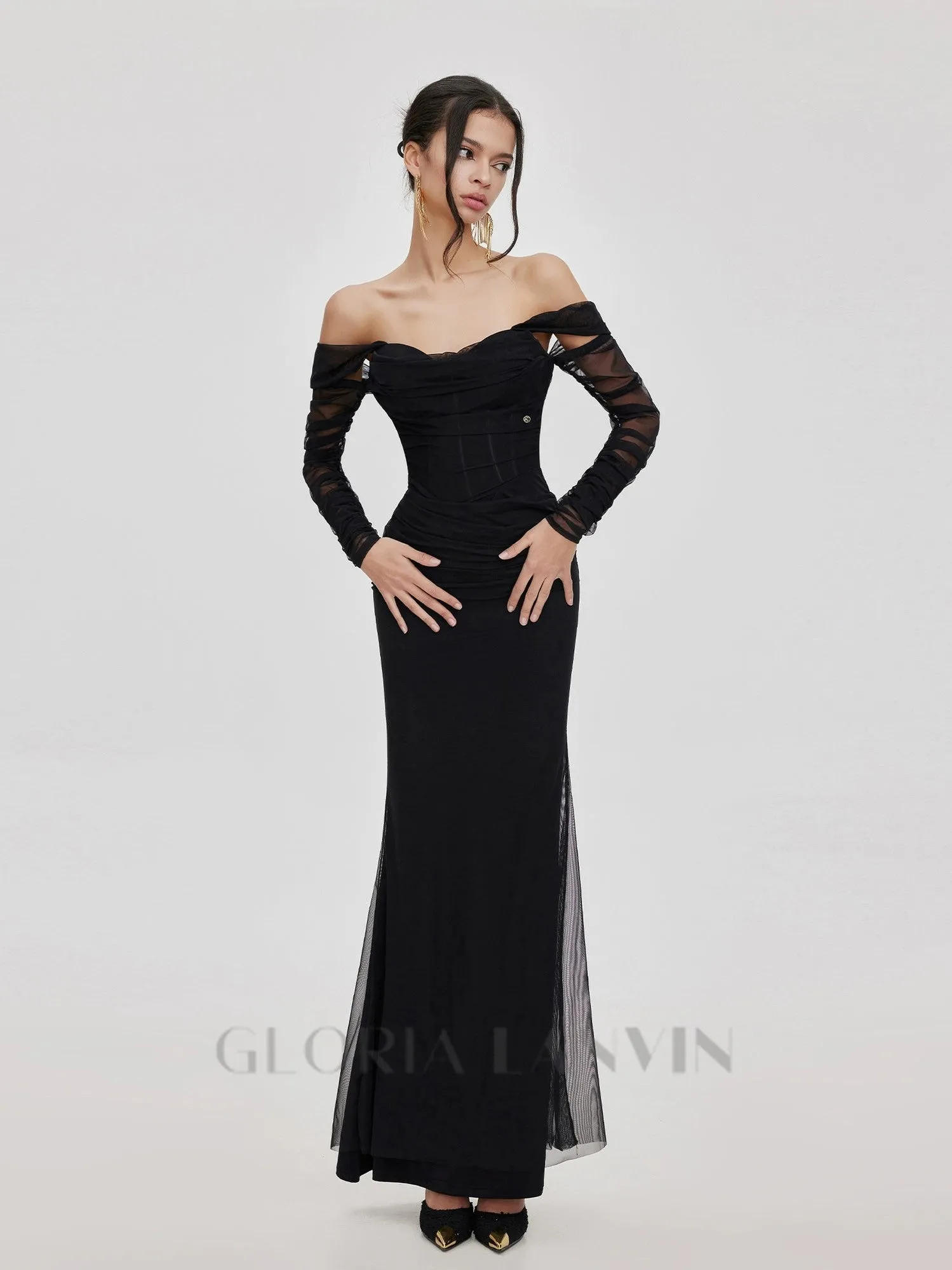 Ariel black Mesh Off-Shoulder Mermaid maxi Dress Gloria Lanvin