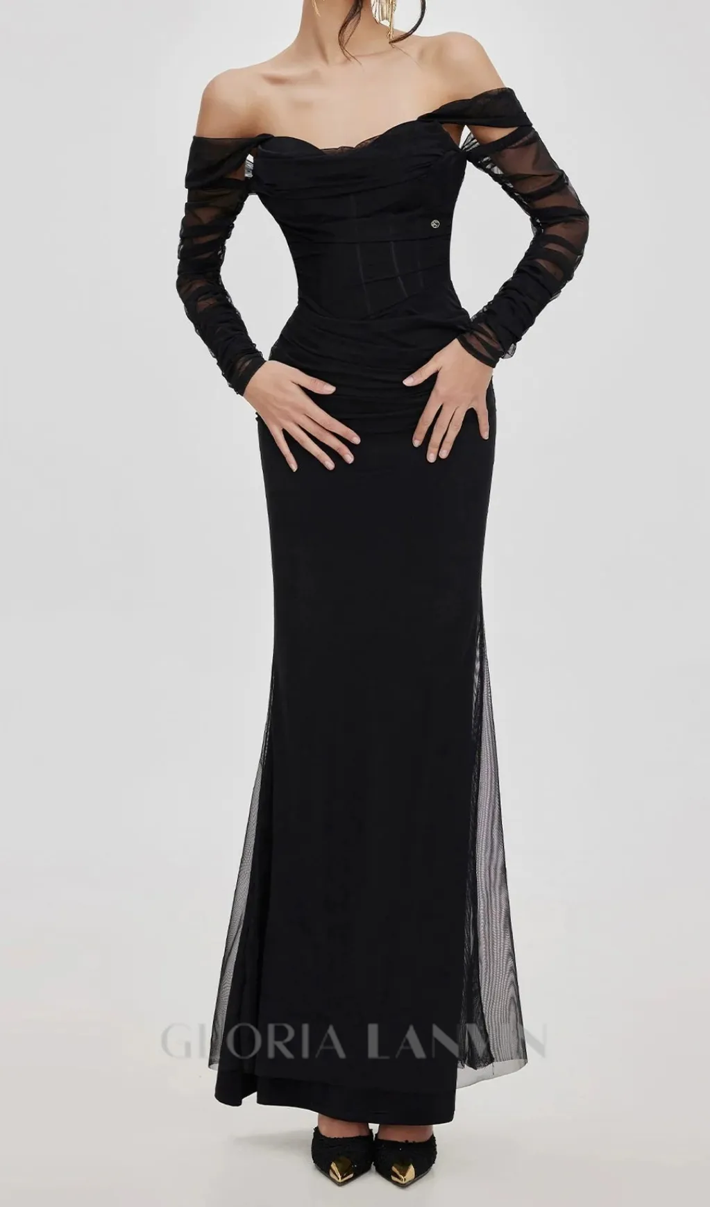Ariel black Mesh Off-Shoulder Mermaid maxi Dress Gloria Lanvin