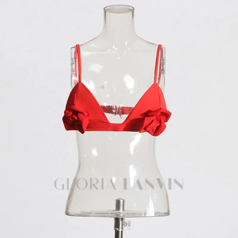 ARIELLE RED ROSE-EMBELLISHED TOP AND SKIRT SET Gloria Lanvin