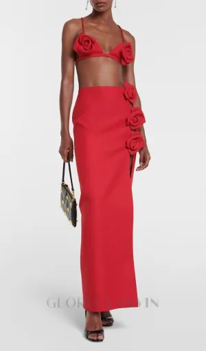 ARIELLE RED ROSE-EMBELLISHED TOP AND SKIRT SET Gloria Lanvin