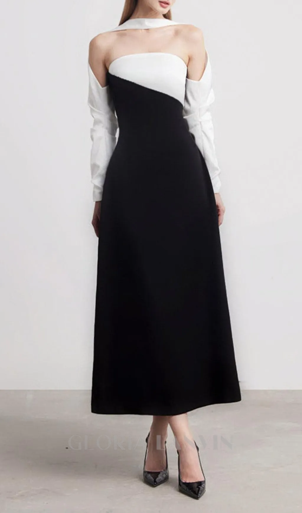 ARLENE BLACK LONG SLEEVED CUT OUT SILK TAFFETA MIDI DRESS Gloria Lanvin