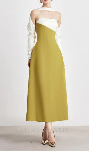 ARLENE YELLOW LONG SLEEVED CUT OUT SILK TAFFETA MIDI DRESS Gloria Lanvin